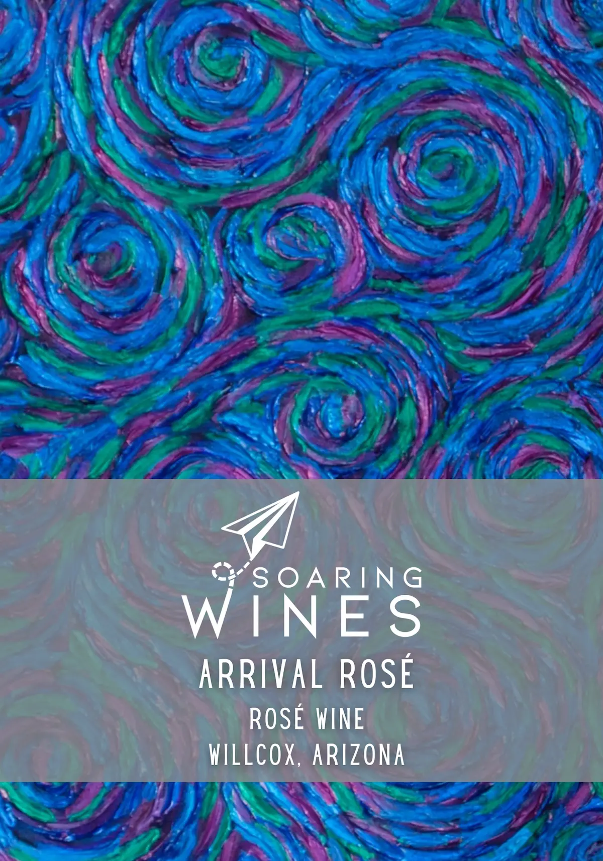 Soaring Wines Arrival Rosé wine label featuring vibrant blue, purple, and green swirling patterns reminiscent of Van Gogh's Starry Night style with white typography and paper airplane logo