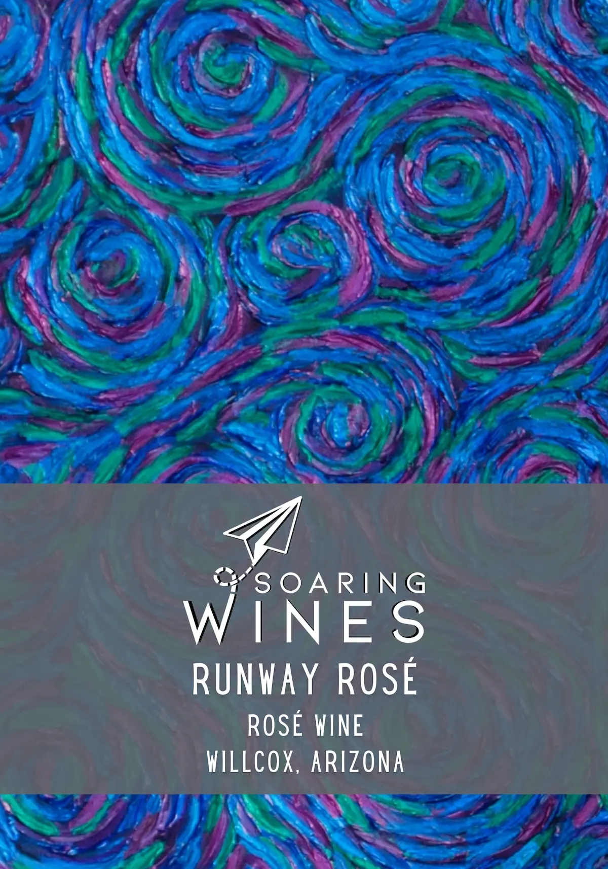 Soaring Wines Runway Rosé wine label featuring vibrant blue, purple, and green swirling patterns reminiscent of Van Gogh's Starry Night style with white typography and paper airplane logo