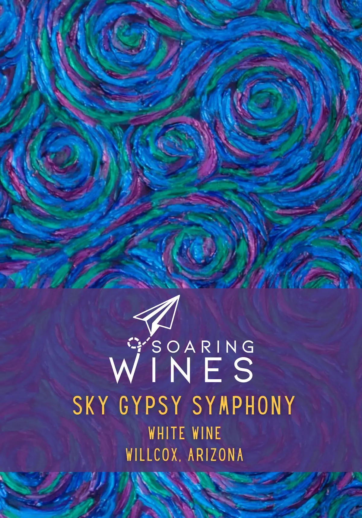 Soaring Wines Sky Gypsy Symphony white wine label featuring vibrant blue, purple, and green swirling patterns reminiscent of Van Gogh's Starry Night style with white typography and paper airplane logo