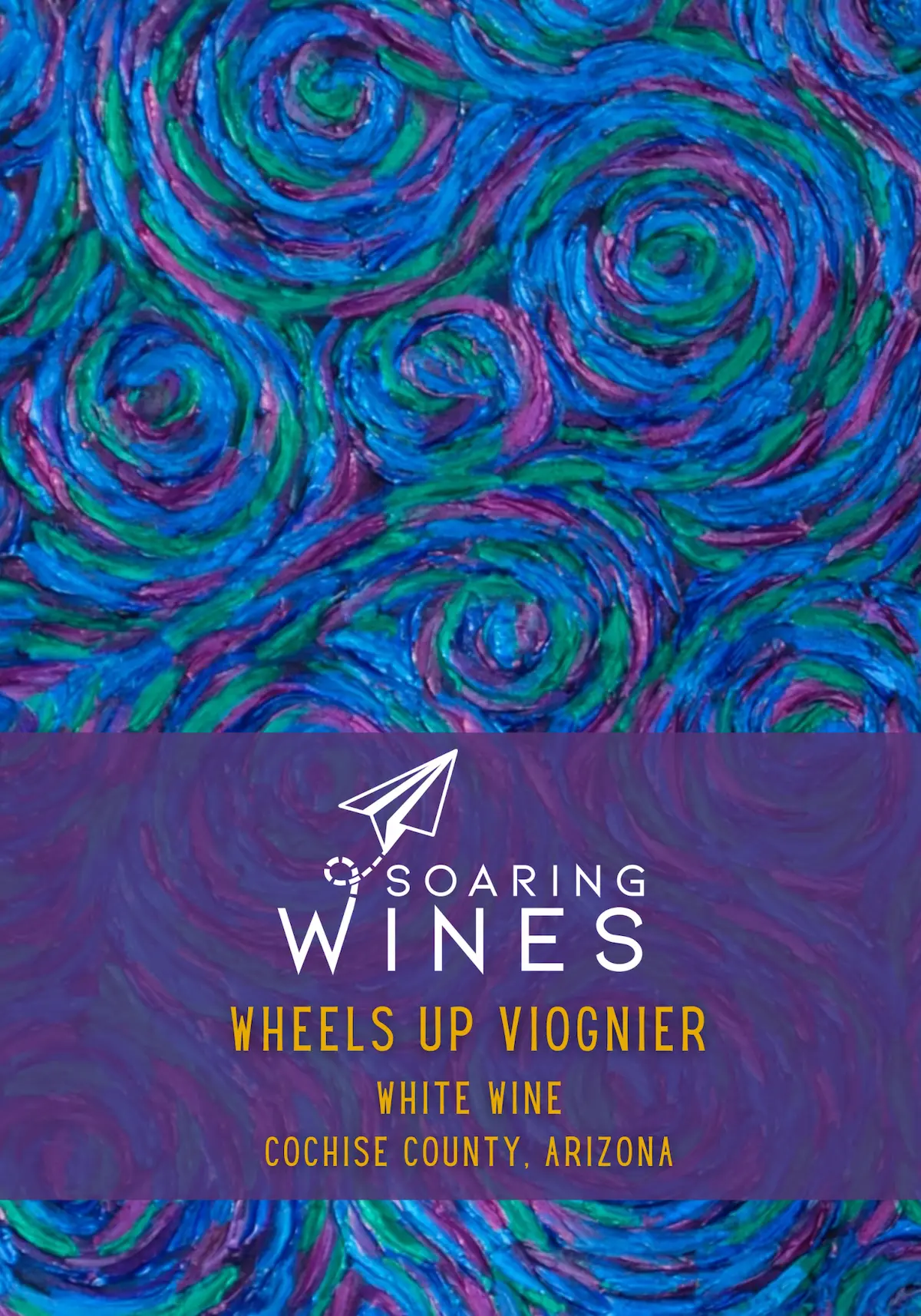 Soaring Wines Wheels Up Viognier white wine label featuring vibrant blue, purple, and green swirling patterns reminiscent of Van Gogh's Starry Night style with white typography and paper airplane logo